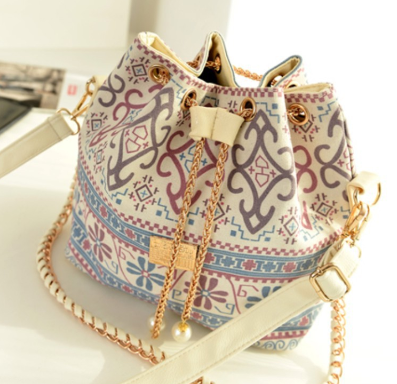 Ethnic Style Canvas Chain Bucket Bag