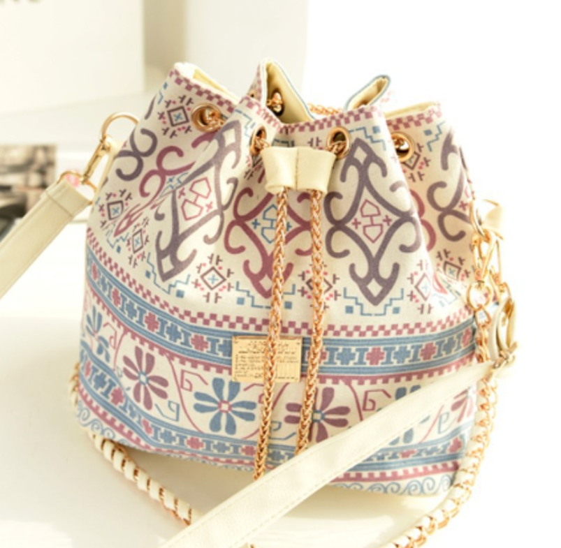 Ethnic Style Canvas Chain Bucket Bag
